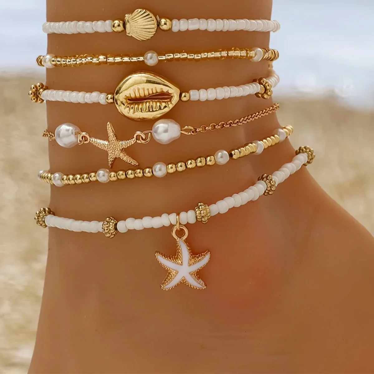 6pcs/set Fashion Stackable Starfish Shell Pendant Beads Anklets Set For Women Beach Jewelry Accessories(Limit 1 per order. Extra orders ship 1 only.)