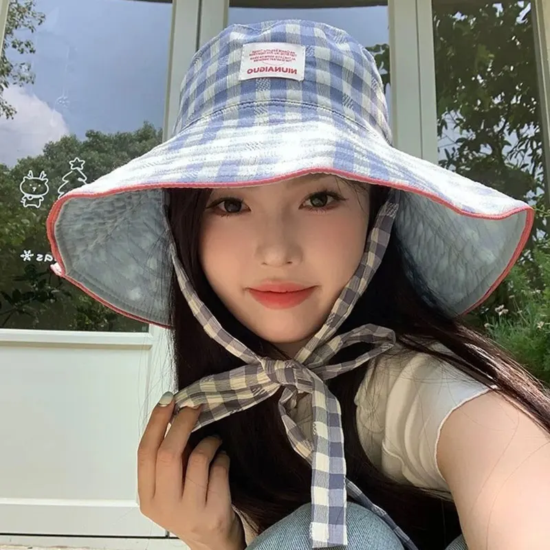 قبعة Buet ذات حافة كبيرة كاجوال منقوشة مقاومة للرياح قبعة صيفية للوجه للتخسيس قبعة واسعة للحماية من الشمس بتصميم لطيف للمهوية