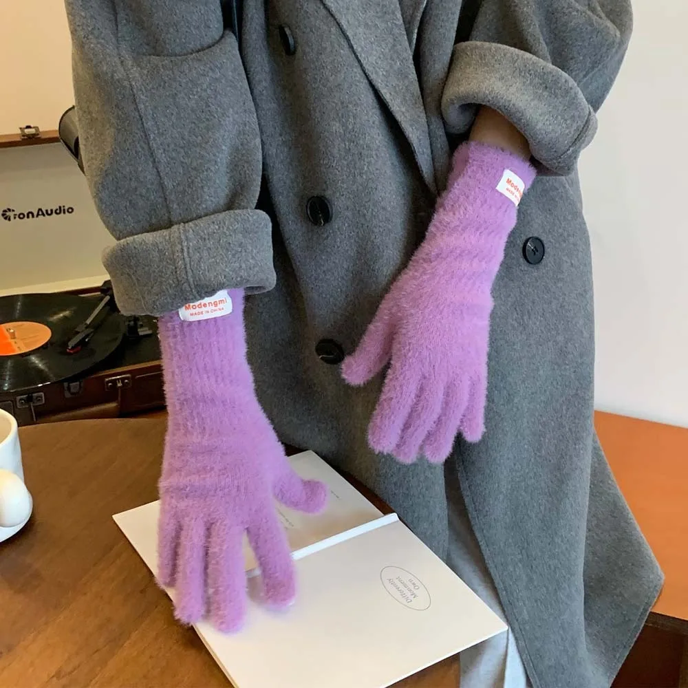 Personality Y2K Soft Finger Gloves Touch Screen Faux Rabbit Hair Candy Color Gloves Warmer Furry Anti-cold Mittens Autumn