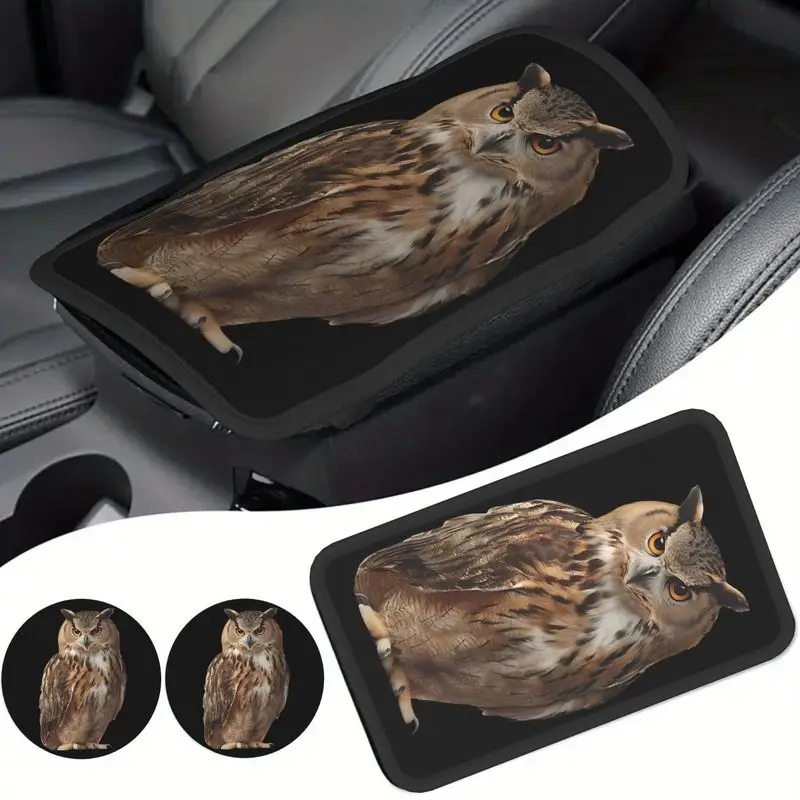 1Pc Car Armrest Cover + 2Pcs Cup Coasters Set, Realistic Owl Print, For Car Interior Use