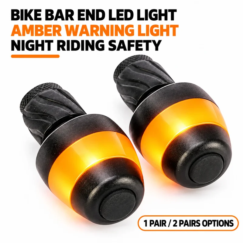 Bicycle Handlebar End LED Safety Light, Amber Warning Turn Signal for Night Riding, 1 Pair / 2 Pairs Pack, Fits 16-23mm Plug