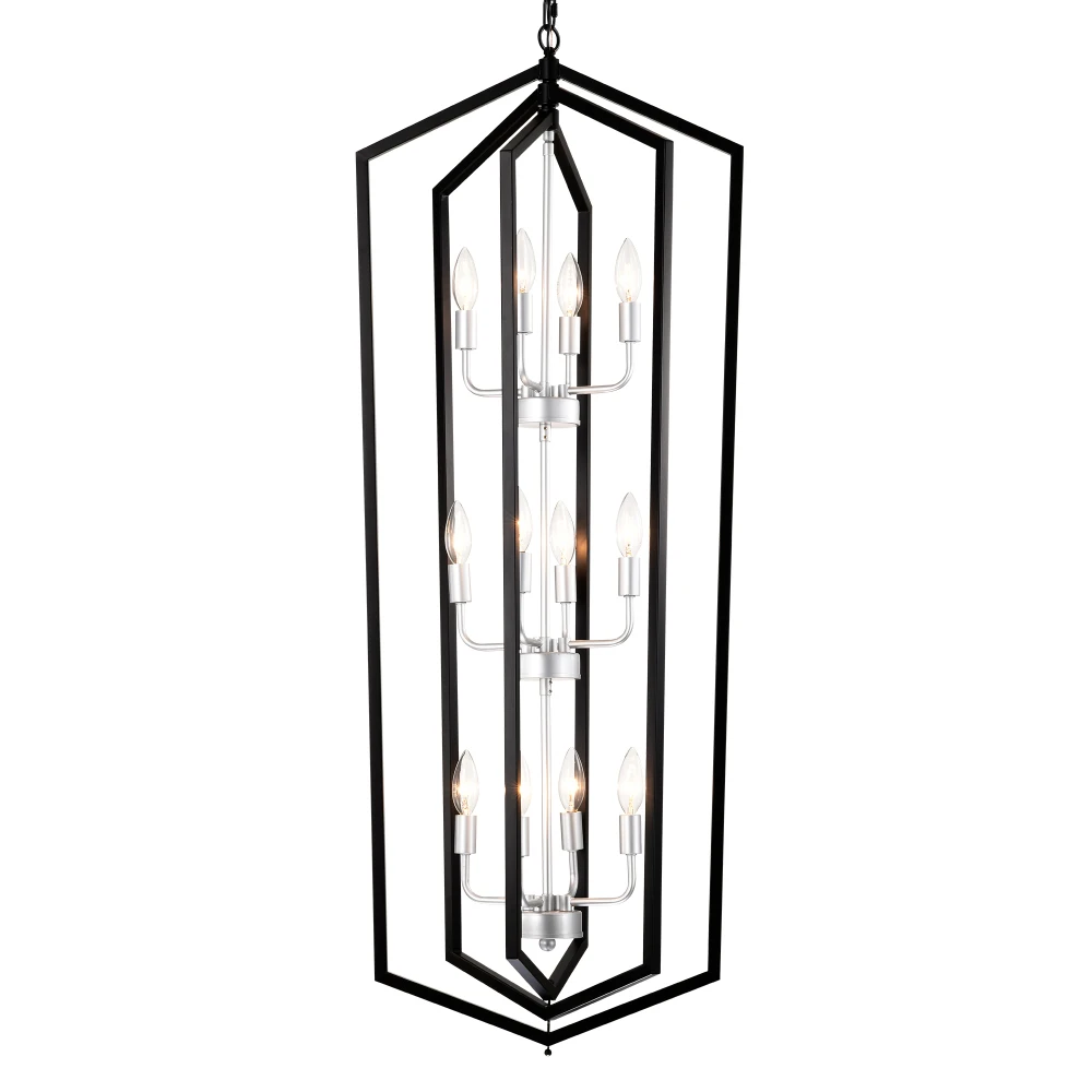 12-Light  Farmhouse Kitchen Chandeliers, Matte Black and Sliver Vintage Rustic Cage Light Fixture Adjustable Height  Chandeliers