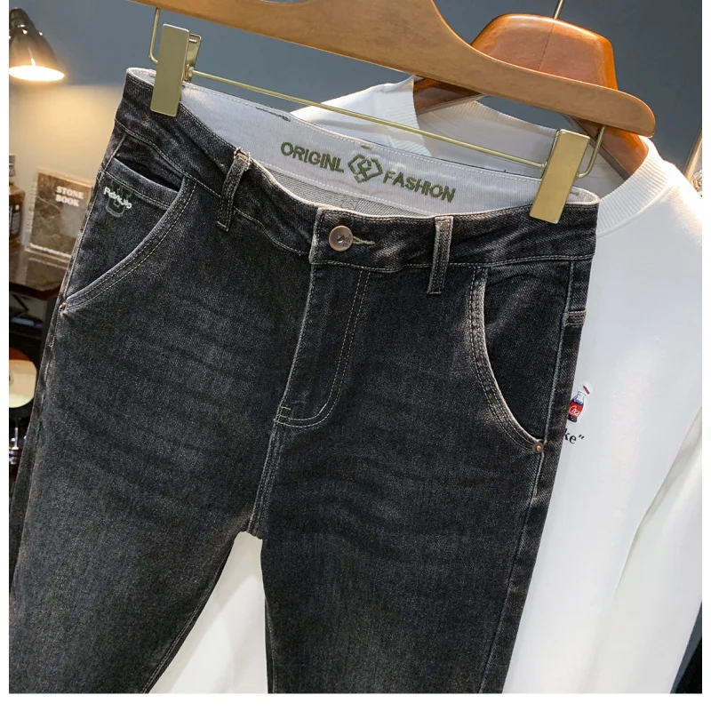 

Потертые черные джинсы, мужские осенние трендовые новые эластичные мужские брюки с вышивкой, маленькие брюки