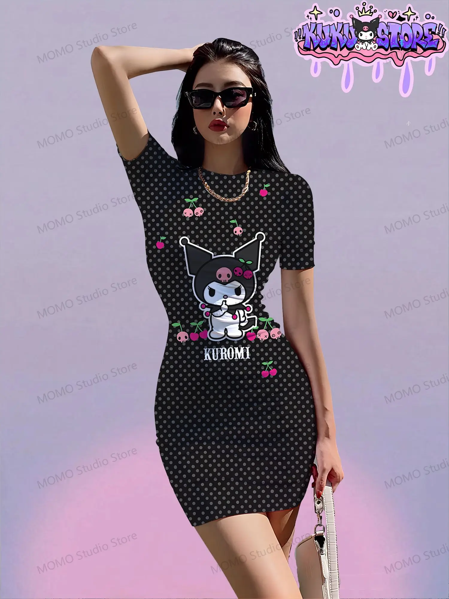 Kawaii Women\'s Short Sleeve Hip Dress Kuromi Summer Young Girls Dresses 2024 O Neck Y2k Sanrio S-3XL Fashion New Elegant Sexy