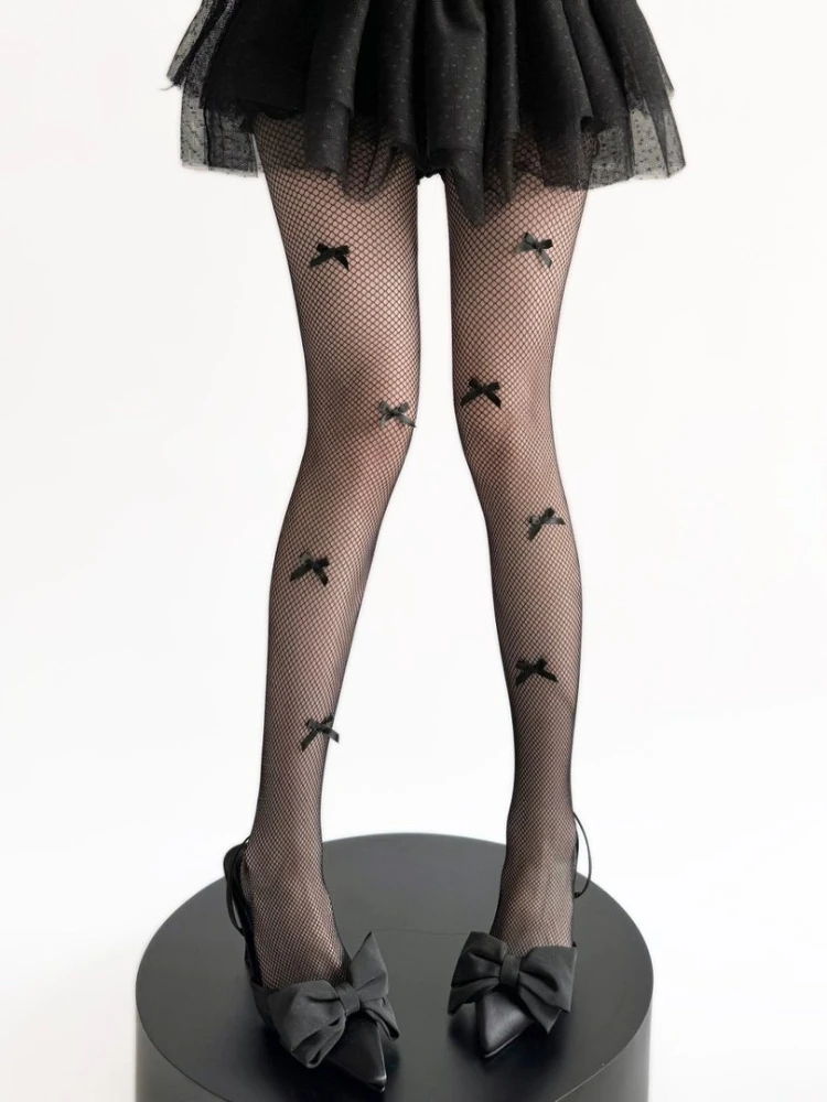 Women Sexy See-through Black Fishnet Pantyhose Japanese Style JK Uniform Cos Kawaii Bowknot Long Socks Ladies Slim Mesh Tights