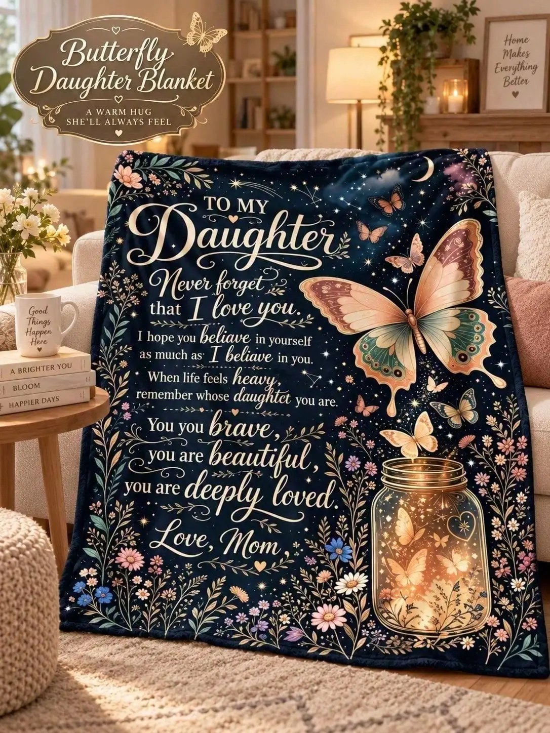 Daughter Butterfly Jar Floral Sentiment Flannel Blankets Sofa Throw Bed Home Decor Bedroom Living Room Halloween Thanksgiving Christmas Anniversary Birthday Housewarming Guestroom Lounge Apartment Dorm Nap Seasonal Accent Gift for Family Friends