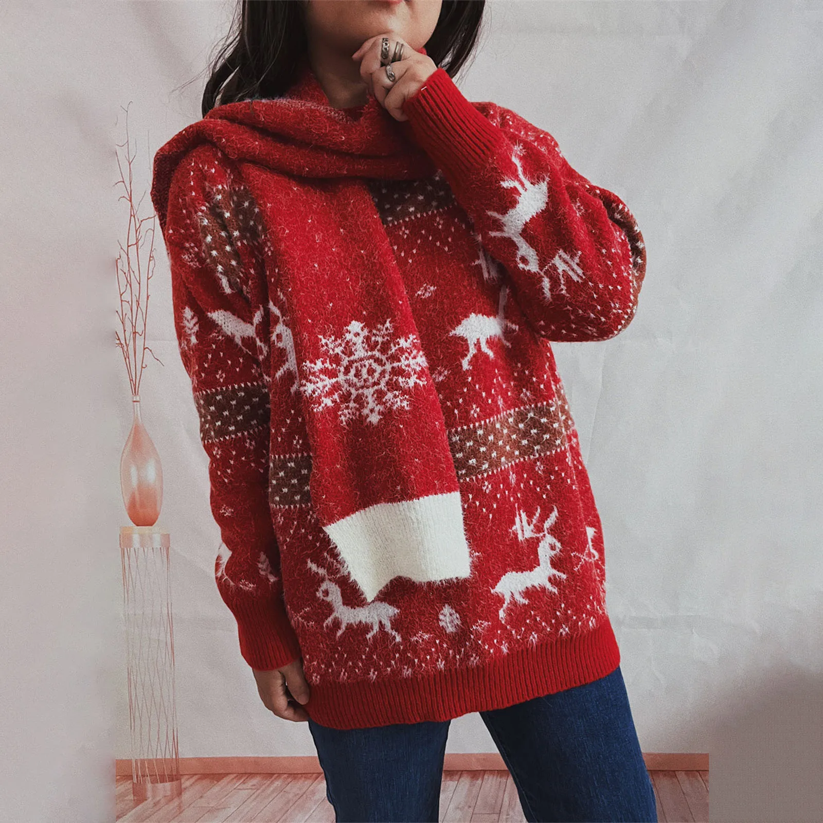 Women's Chrismas Sweaters Casual Snowflake Elk Print Loose Warm Long Sleeve Basic Knitwear + Scarf Set for Fall Winter Clothing