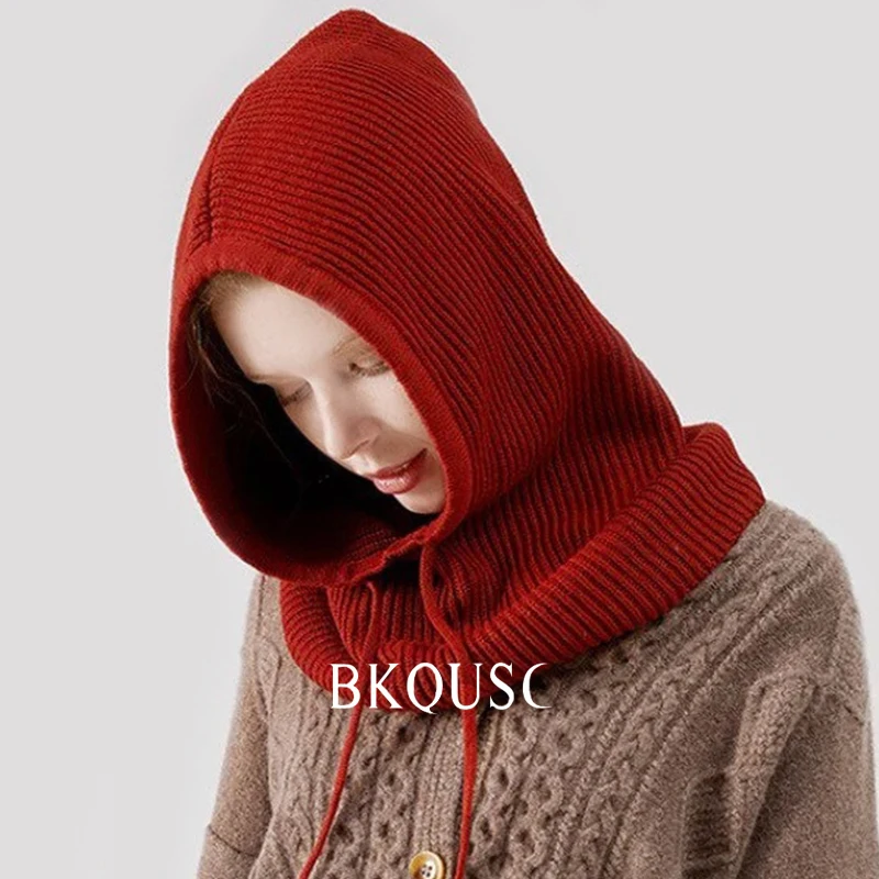 

BKQUSC Fashion Wool Women's Knitting Pullover Balaclava Hats Winter Warm Soft Neck Protection Windproof Knitted Balaclava Caps
