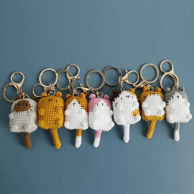 Crochet Chaveiros para Presentes Handmaking, Cute Cat Doll Chaveiros, Acessórios pingentes, Knitting Cartoon, Small Cat Keychains Gift