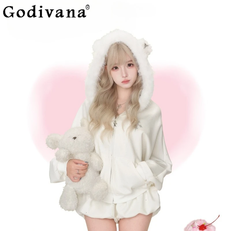 

Female High Street Lolita Hooded Suits White Shiny Jacket and Shiny Shorts Outfits Women's Japanese Style Sweet Short Set