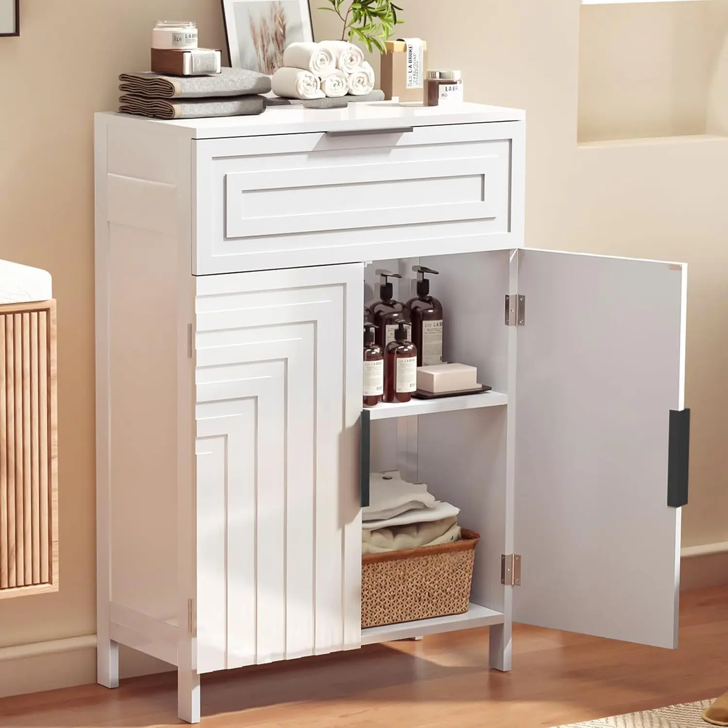 

Storage Cabinet Bathroom Floor Cabinets with Drawer Freestanding Kitchen Cabinet Fluted Coffee Bar Cabinet,23.6x11.8x35.4- White