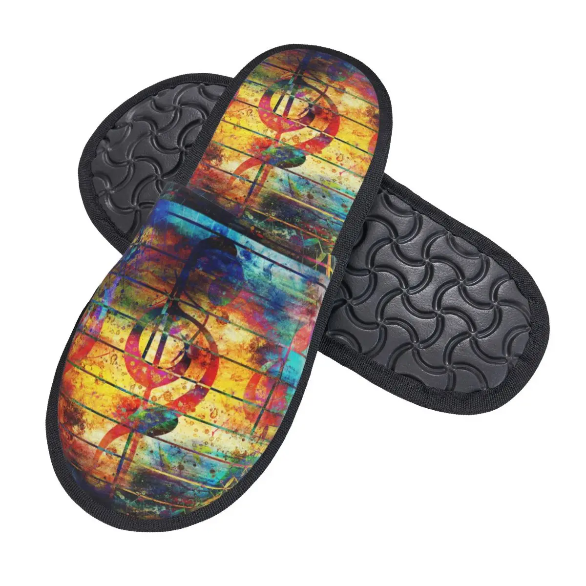 Winter Women Men Non-Slip Flat Slippers Abstract Colorful Music Notes And Violin Clef Indoor Fur Soft Warm Shoes