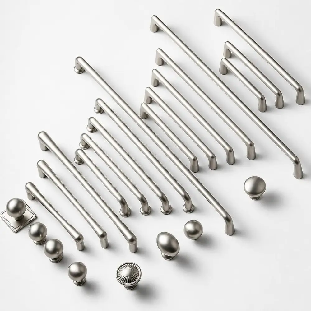 Zinc Alloy Cabinet Door Handles Silver Tone Matte Brushed Finish Cabinet Knobs Modern Minimalist Style Single and Dual Hole