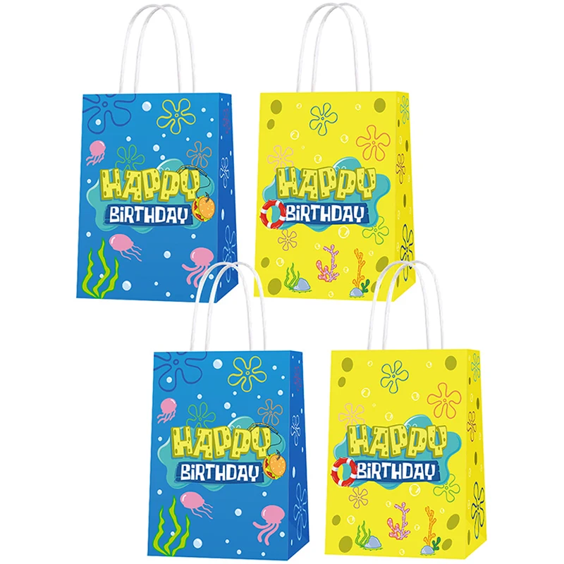 12pcs SpongeBob Kraft Gift Bags Anime Birthday Party Candy Bag Snack Packaging Bag Hand-held Paper Bags Wedding Party Decoration