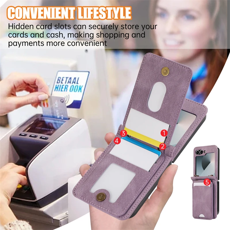 Leather Wallet Card Holder Case for Samsung Galaxy Z Flip 7 6 5 4 3 ZFlip Flip6 Flip5 Flip7 with Crossbody Lanyard Bag Cover
