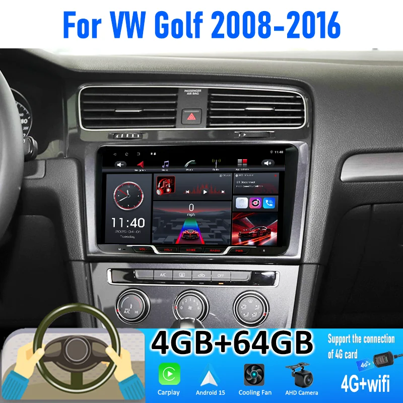

9'' 4+64GB For VW Golf 2008-2016 Car Radio Android 15 Auto Support Wireless Apple Carplay 4G+WIFI Canbus 2DIN FM BT GPS