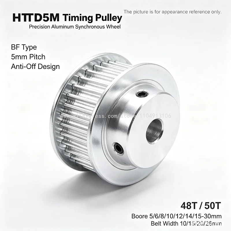 Aluminum HTD5M Timing Pulley 48T 50Teeth BF Type Synchronous Wheel Bore 5/6/8/10/12/14/15-30mm Belt Width 10/15/20/26mm Printer