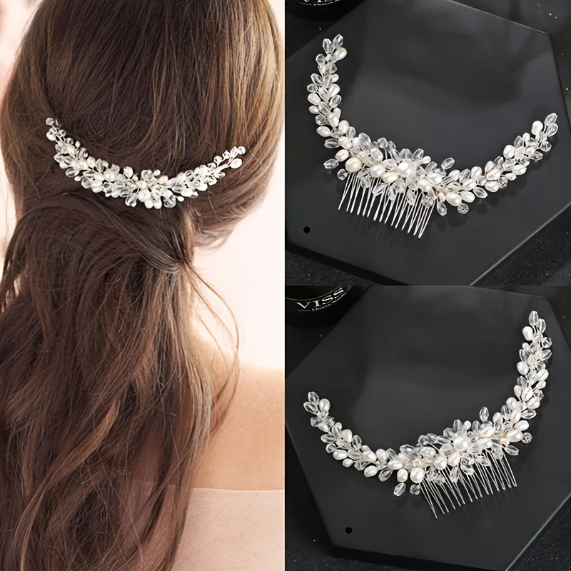 Silver Color Luxury Pearl Crystal Hair Comb Hairpin Headband Tiara For Women Bride Bridal Wedding Hair Accessories Jewelry Comb