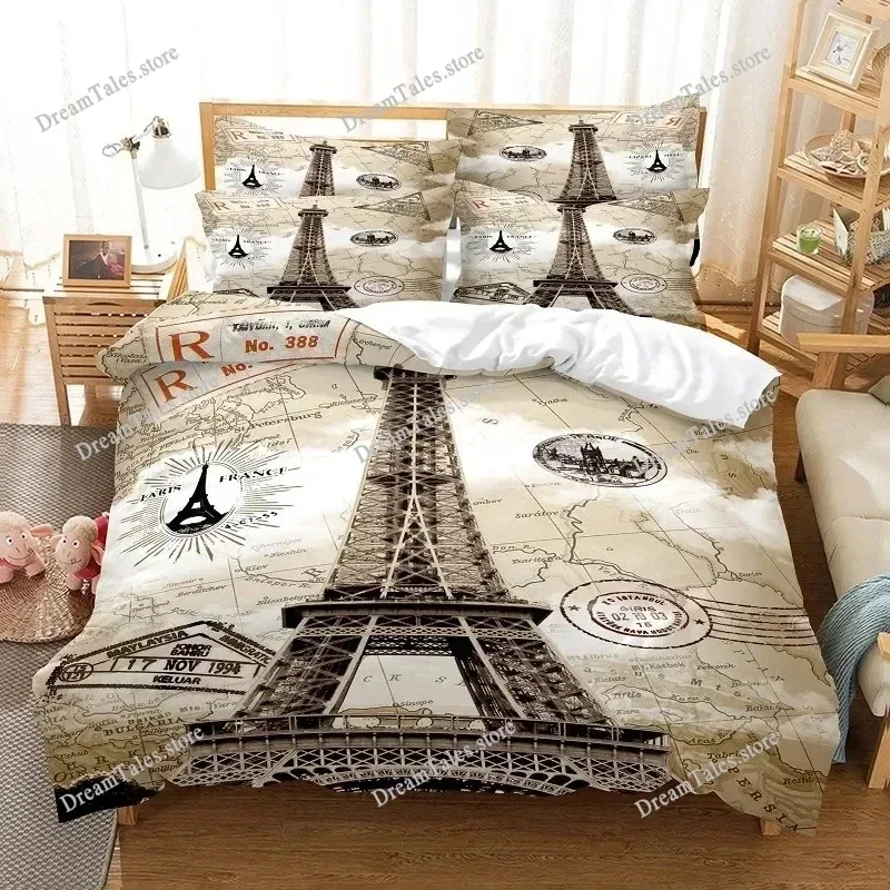 Eiffel Tower Quilt Cover Set KingQueen Size Paris Theme Bedding Set Girls Teens,Famous French Grey Cityscape Style Duvet Cover