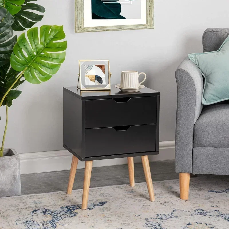 QWSwetgo End Side Table Nightstand with Storage Drawer Cabinet Bedroom Bedside Solid Wood Leg Furniture-Double Drawer Nightstand