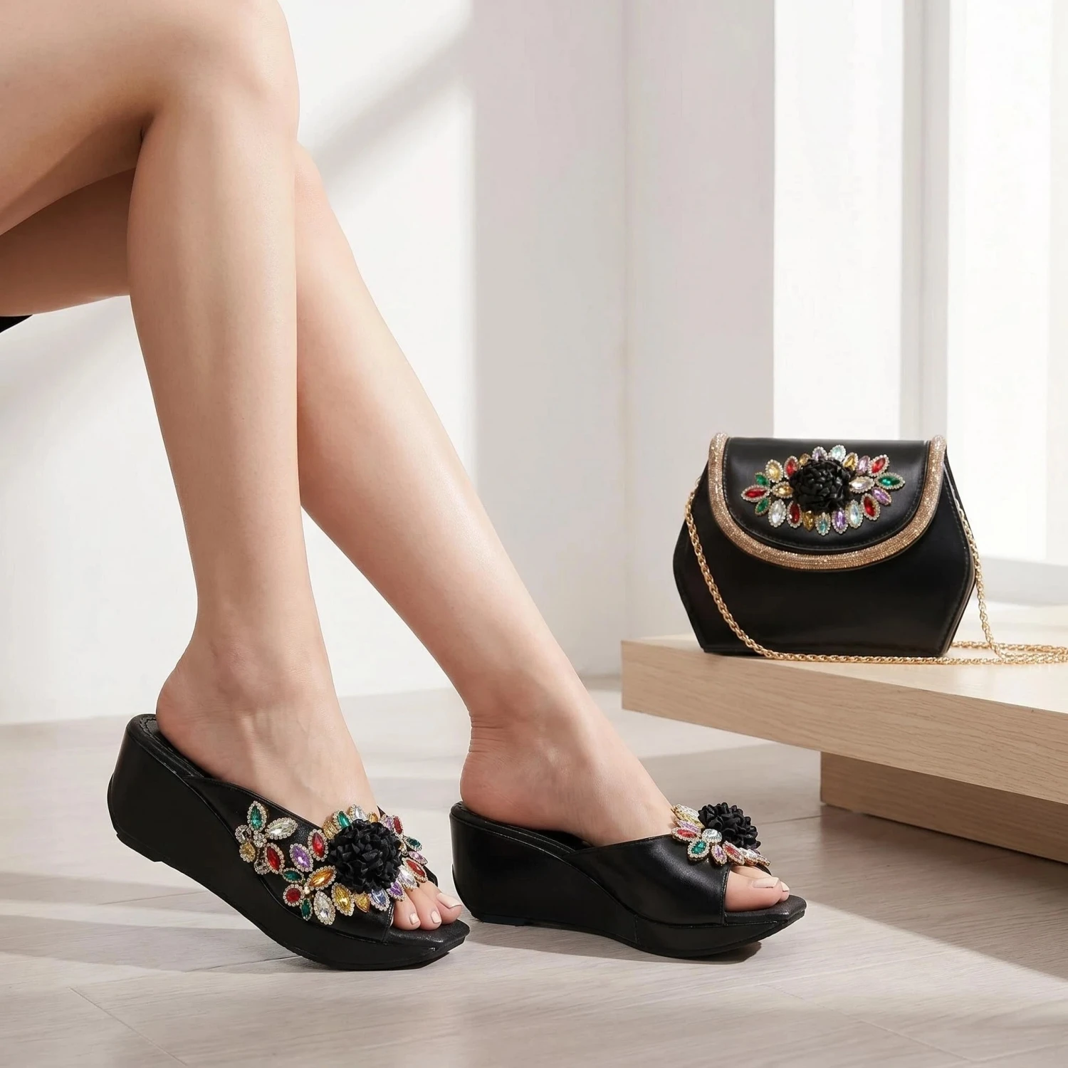 Summer Style PU With Rhinestone Golden Woman Shoes And Purse Set Africa Fashion Pumps Shoes And Bag Set For Party Size 38-42