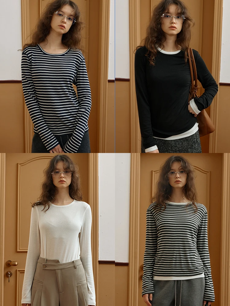 

Женский осенний топ Fre Moi из шелковой шерсти (40% шелк, 60% шерсть) с круглым вырезом, в полоску, свободного кроя, для повседневной носки