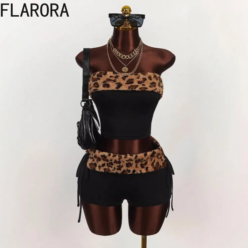 

FLARORA Sexy Leopard Patchwork 2-Piece Set Woman Strapless Sleeveless Tops And Side Shirring Shorts Hot Girl Street Tracksuits