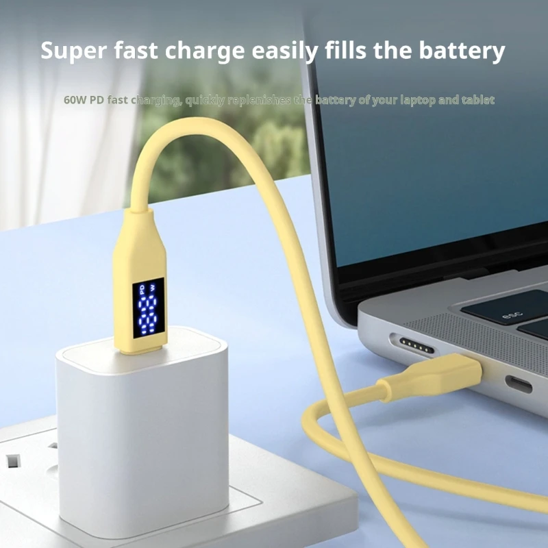 Double Type C Fast Charging Cable With LED Display 60W Power Delivery USB 2.0 Data Transfer Silicone Cord For Phones K1KF