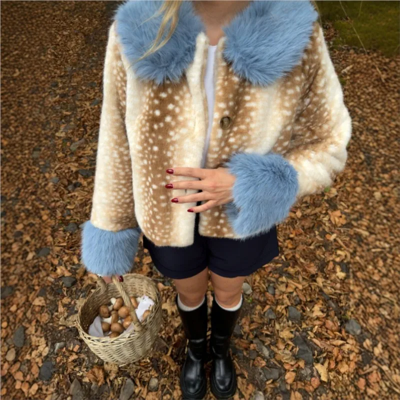 Women Faux Fur Cropped Jacket Deer Spot Print Contrast Blue Fur Collar Cuff Short Coat Ladies Warm Furry Outerwear Streetwear