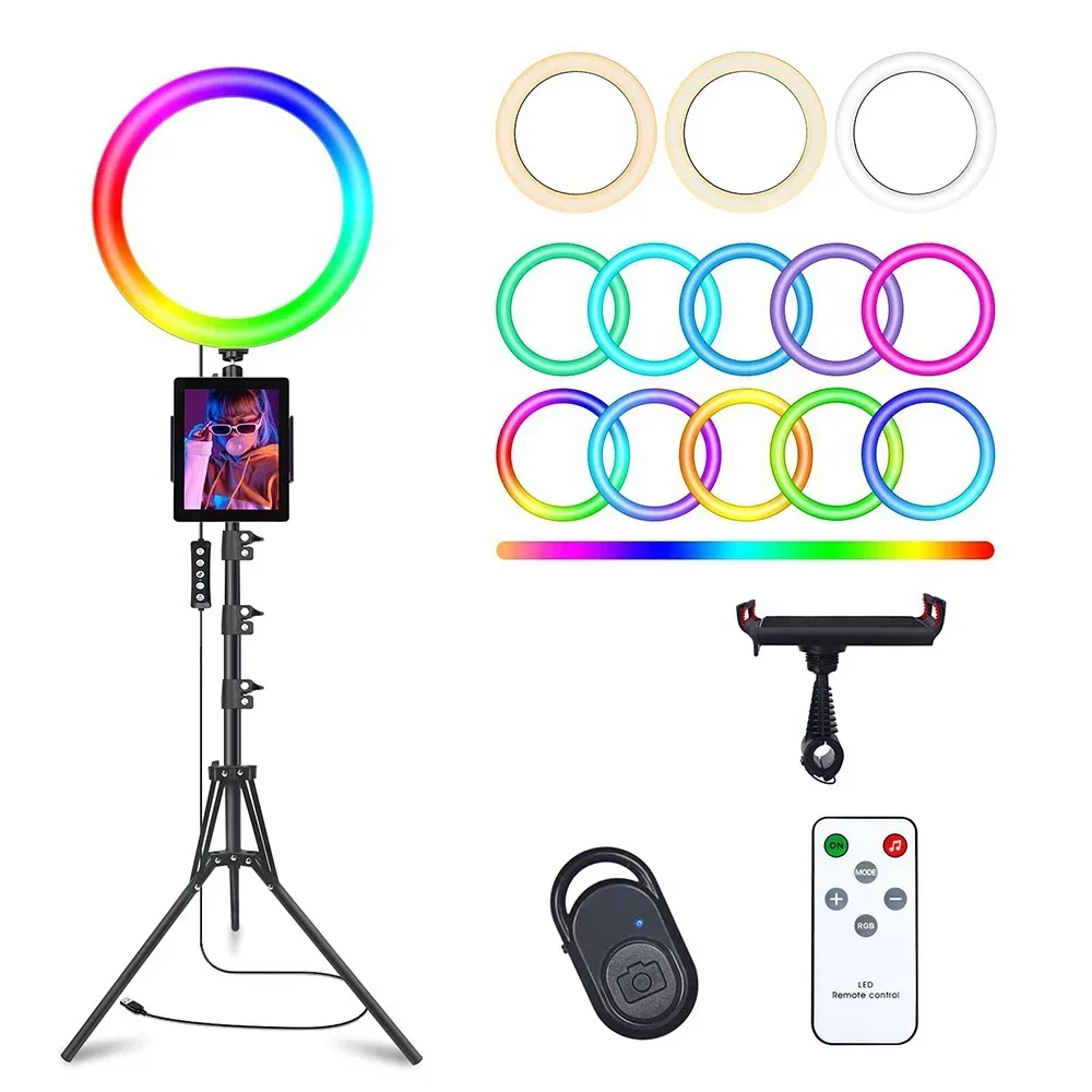 LED Video Light Dimmable Ring Lamp USB Ring Lighting Fixture With Tripod Stand Smart Bluetooth Remote Control RGB 20cm Ringlight