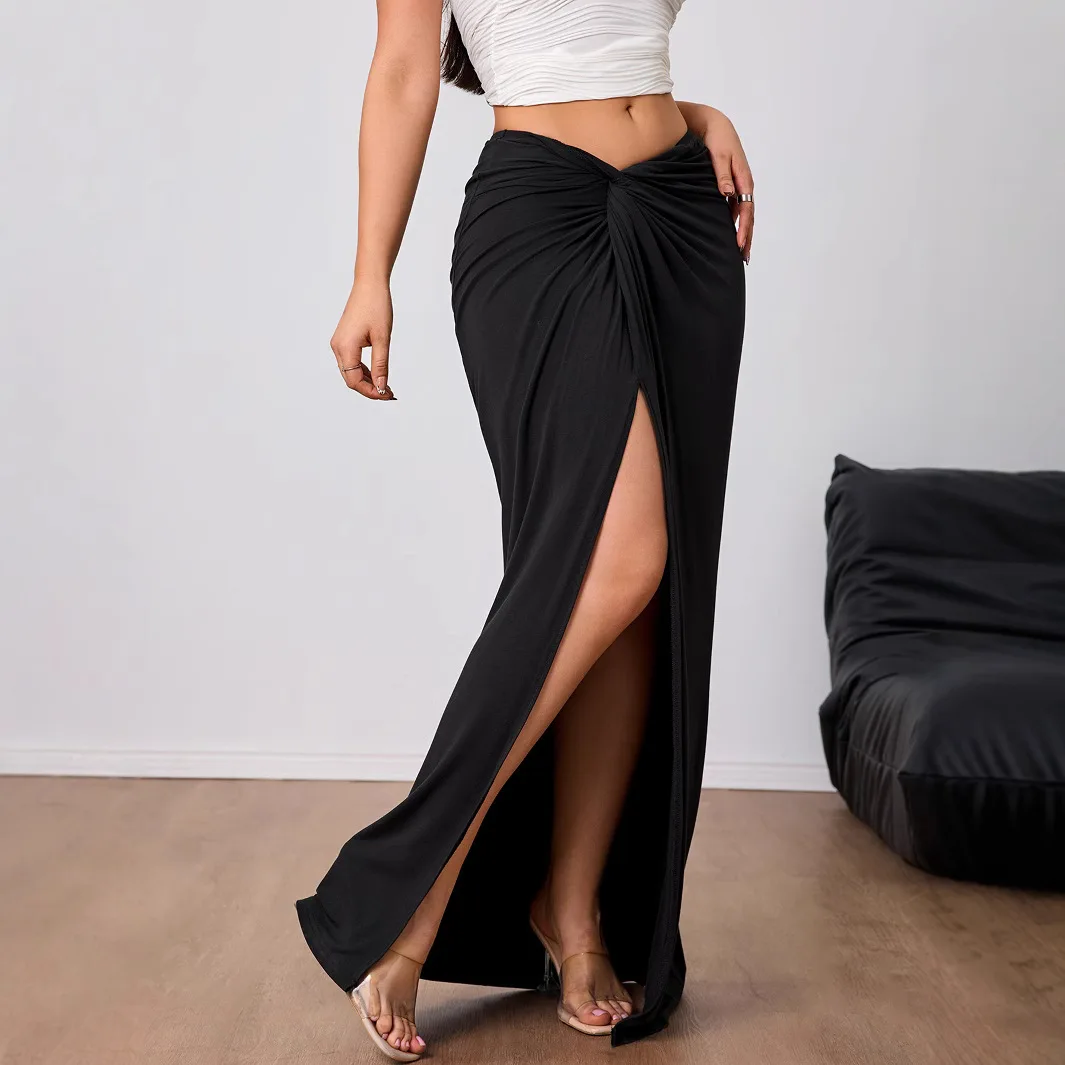 

Elegant Black Skirt for Lady Folds High-waisted slit Women's Long Skirt Spring Summer Outfit Fashionable Casual Streetwear Women