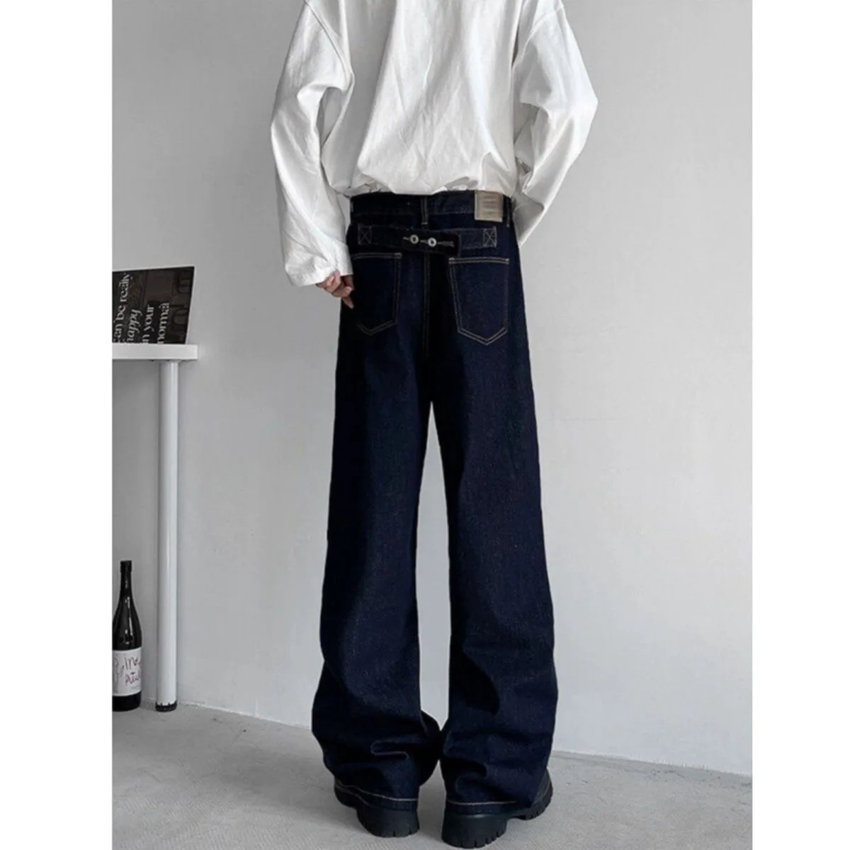 الأمريكية شارع العليا ريدلاين الدينيم السراويل الرجال ربيع الخريف خمر الظلام مستقيم بنطلون موضة فضفاض الظهر باريس مشبك الجينز #3