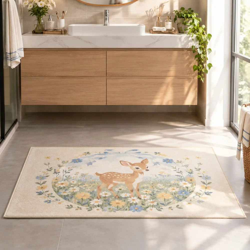 VIKAMA Living Room Rug Oat White Deer Floral Meadow Machine Washable Bedroom Dining Room Balcony Front Door Modern Home Decor