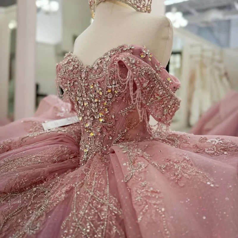 Customized Shiny Pink Quinceanera Dresses Off the Shoulder Tull crystal applique Lace Bow layering Vestido De 15 Quinceanera
