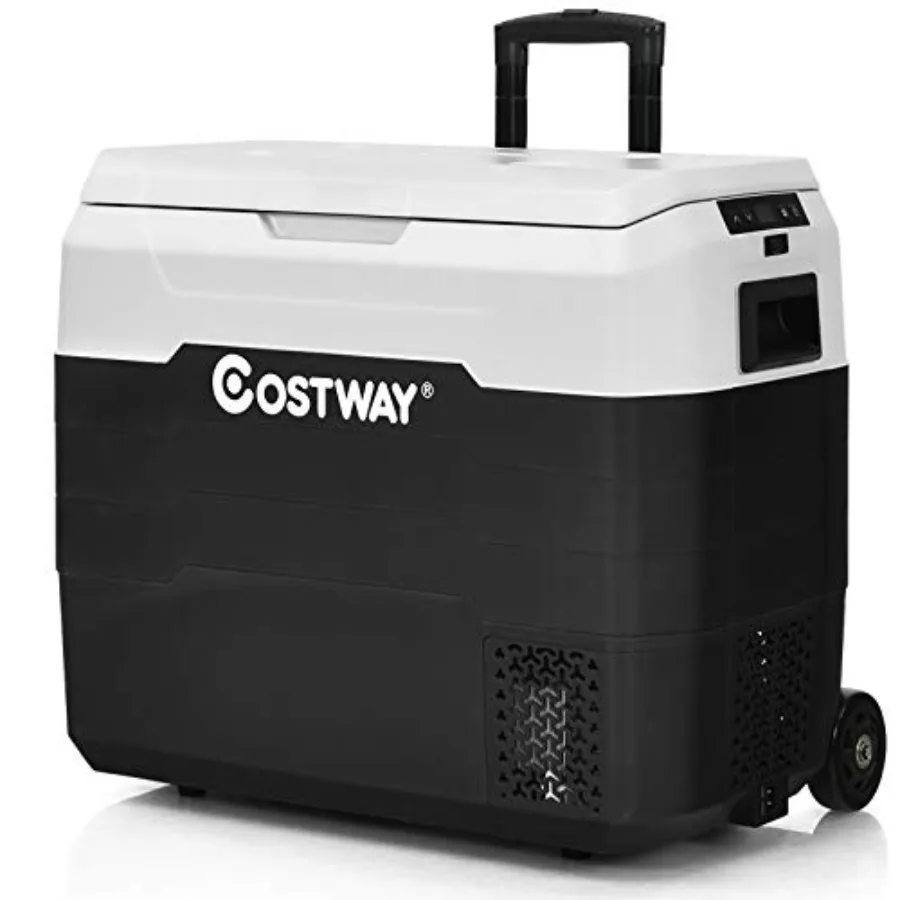 

RV Camping Travel Car Refrigerator with Wheels, 53-Quart Dual-zone Electric Cooler, White+Black, Portable Fridge Freezer with T