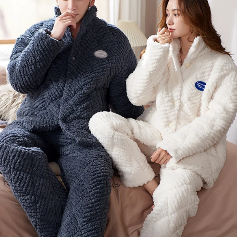 

Winter Thickened Flannel Couple Pajamas Set Warm Cotton-Padded Coral Fleece Sleepwear Nightwear Loose Pijamas Suit Homewear