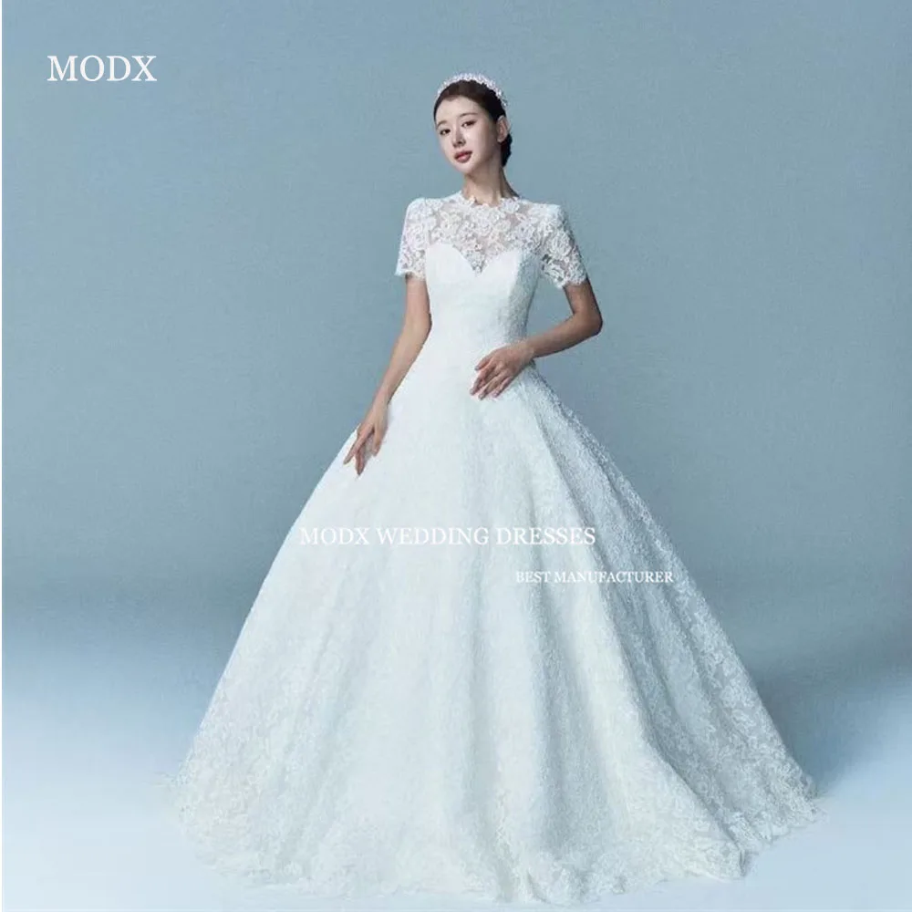 MODX Exquisite Lace White Wedding Dress High Neck Short Sleeved Applique Women's Dress Formal Bridal Dress 2025 Customized