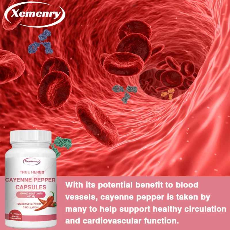 Cayenne Pepper Capsules 750mg - Improves Digestion, Blood Circulation, and Supports Cardiovascular Health