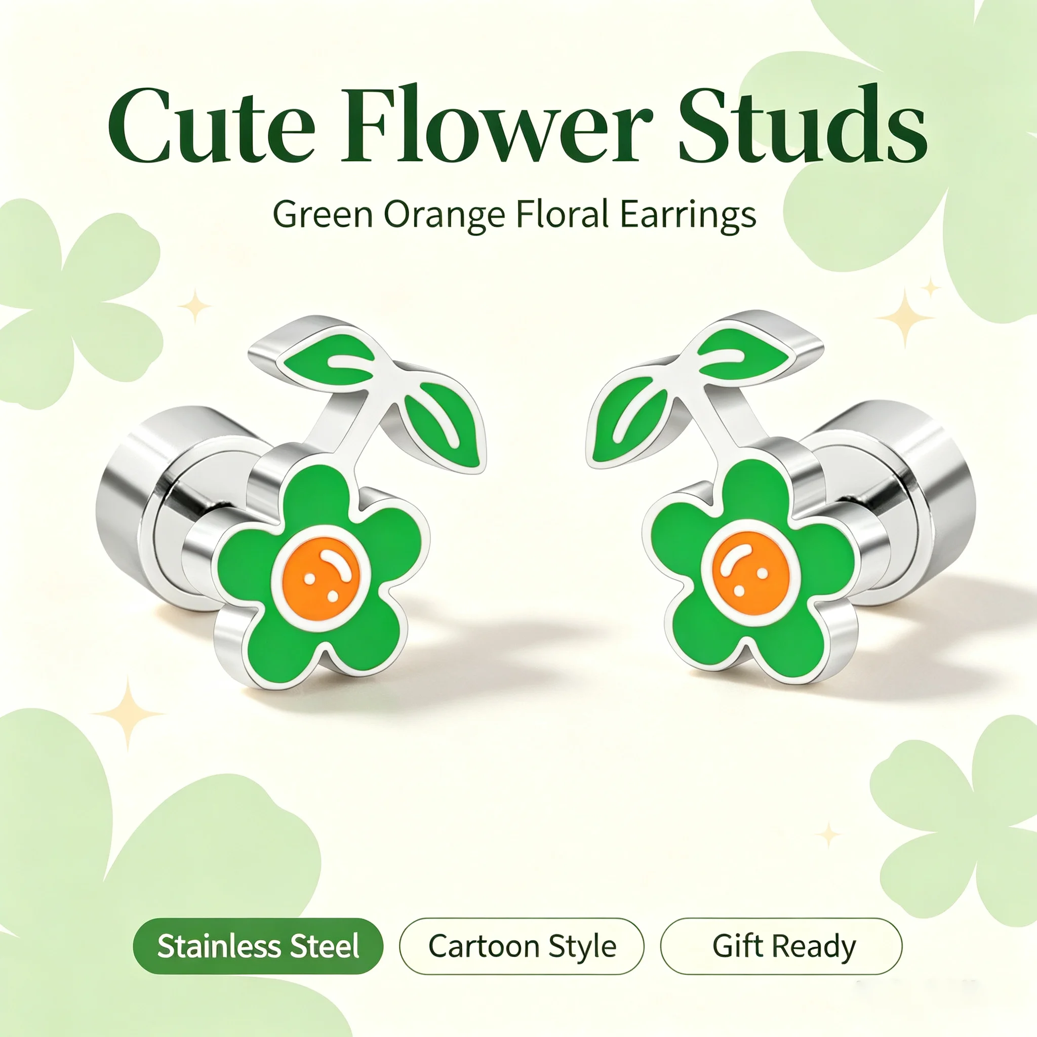 Cartoon Green Flower Ear Studs, Anti-allergy Stainless Steel Press Back Tiny Piercing Earrings Fashion Ornament Gift
