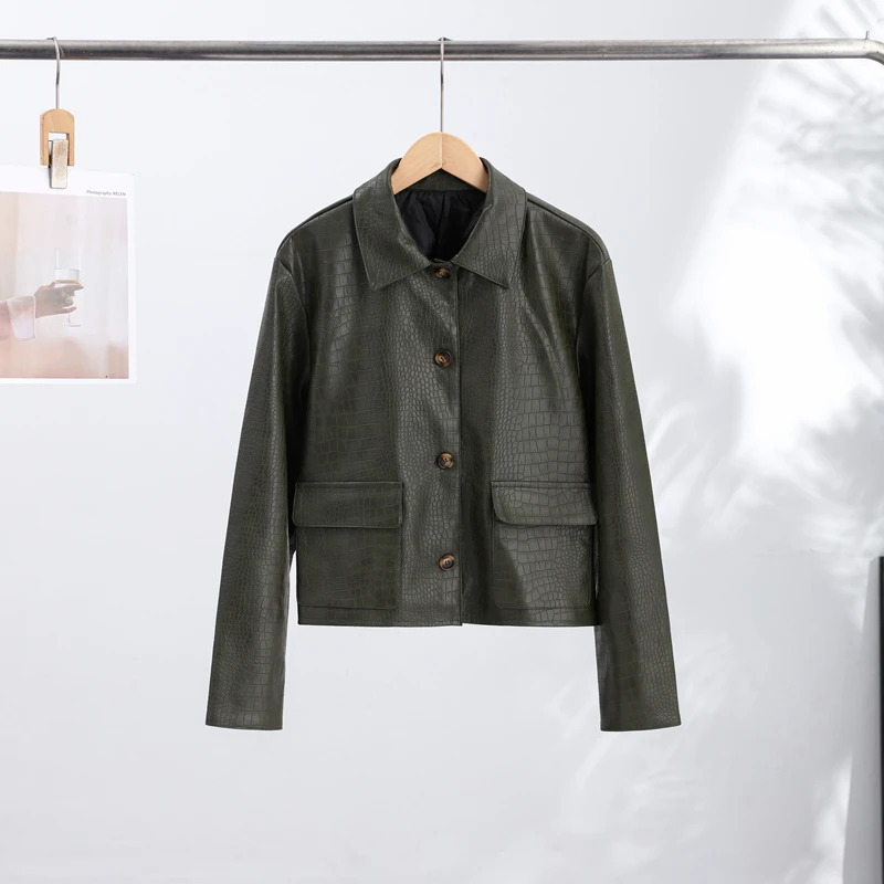 Damen Kunstlederjacken mit Krokodilhaut-Optik, Revers, Langarm, Einreihig, mit Taschen, Herbstmantel, Lockerer Schnitt, Neue Oberbekleidung – Detail 3