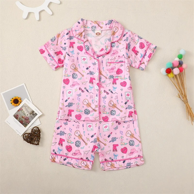 Little Girls Pajama Set Fashion Print Short Sleeve Lapel Neck Button-up Tops Elastic Waistband Shorts Outfits