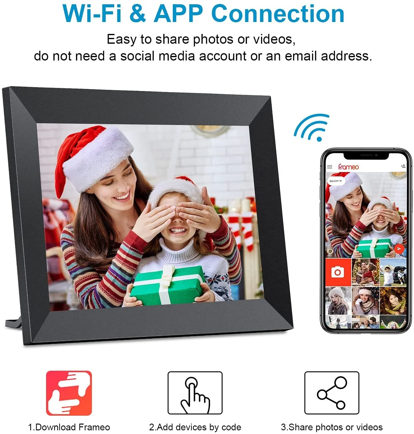 Cyfrowa ramka na zdjęcia o przekątnej 10 cali, inteligentna ramka na zdjęcia z ekranem dotykowym IPS, wysyła zdjęć wideo za pośrednictwem FRAMEO