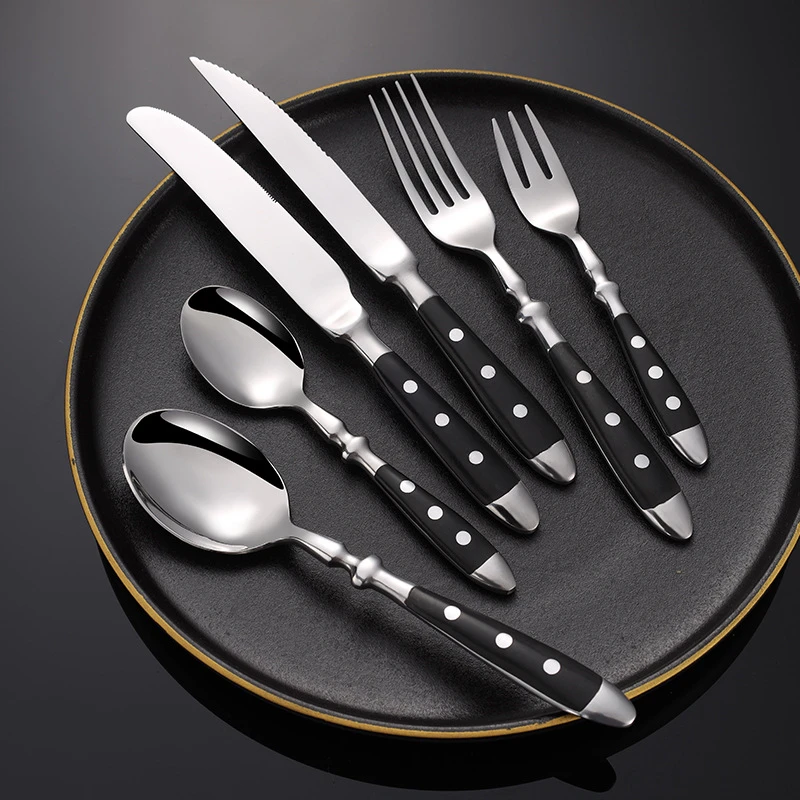 Western 430 Stainless Steel Cutlery Set Balck Full Service Tableware Rivet Handle Serving Spoon Knife Fork Teaspoon Teafork