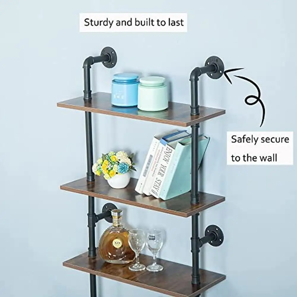 5-Tier Industrial Pipe Wall Mount Bookshelf Display Rack with Vintage Design Metal Frame Office or Living Room Durable Black