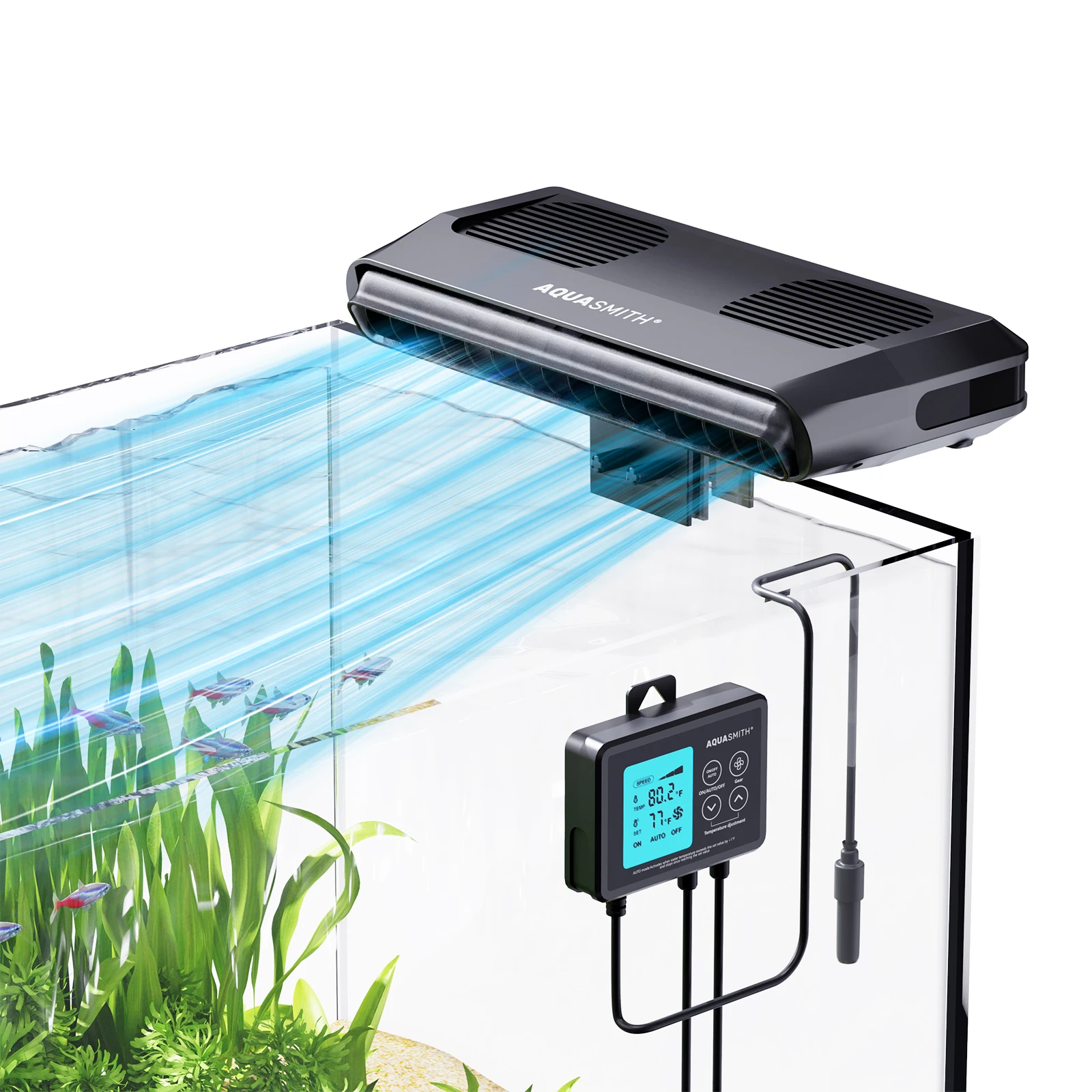 AQUASMITH Aquarium Chiller Fan,Fish Tank Cooler with Temperature Control,Minimum Setting 59℉,Auto Start/Stop,Refrigeration Effect 3-7℉,3-Speed Modes,for Axolotl Seawater Freshwater Coral Grass Tank