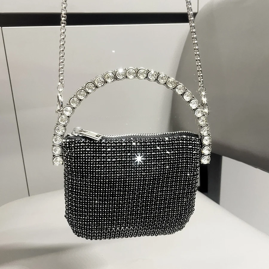 Women's Bag Rhinestone Bucket Bag, Glitter Chain Prom Purse Handbag, Half Round Hand Women's Mini Crossbody Bag,Party Dinner Bag