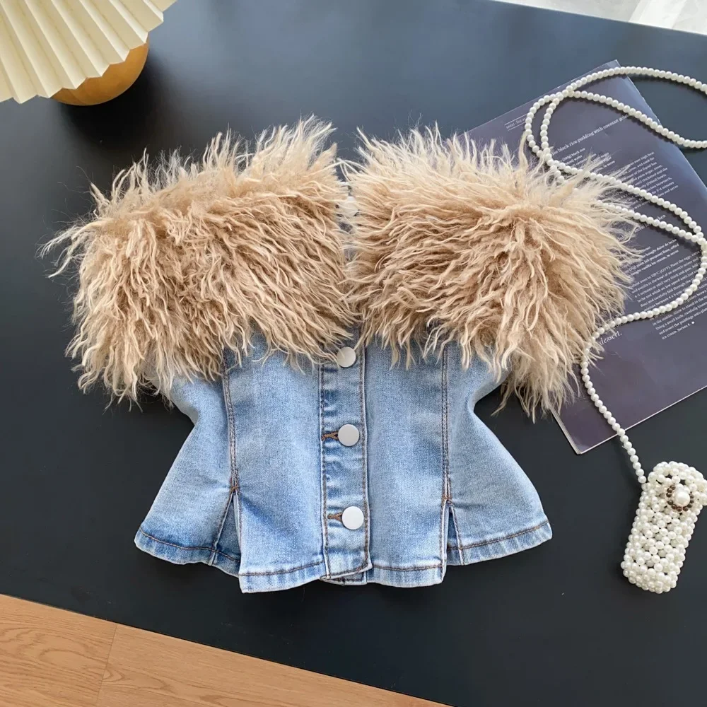 Hotsweet Denim Spliced Fur Plush Vintage Metal Single Breasted Slim Strapless Tank Top Streetwear Women High Street Clothing