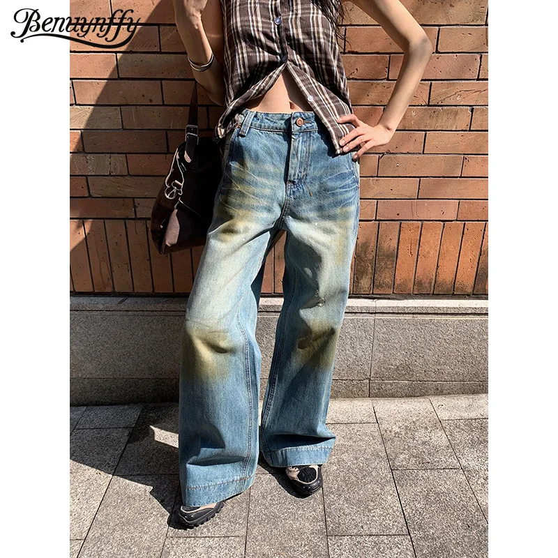 

Benuynffy Vintage Y2k Washed Distressed Jeans Women 2026 Summer New Streetwear High Waisted Loose Straight Wide Leg Trousers