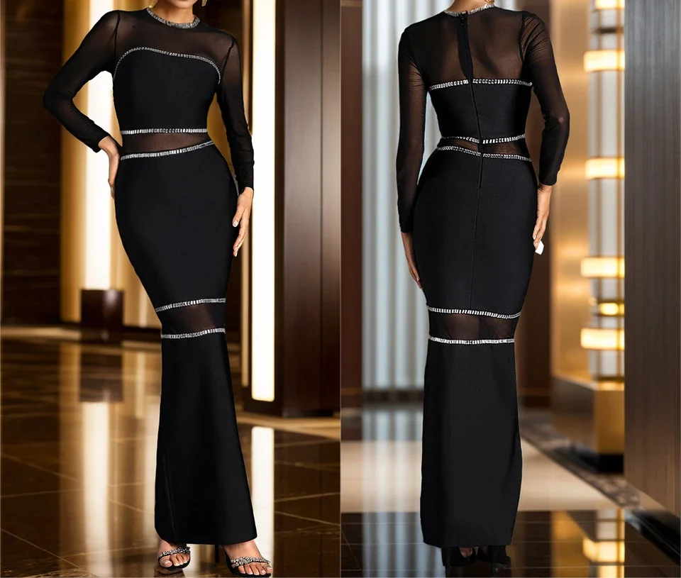 ชุดเดรสทรงบอดี้คอนสำหรับผู้หญิง สไตล์หรูหรา แฟชั่นสตรีทแวร์ ผ้าตาข่าย แขนยาว ทรง Y2K คอกลม เอวสูง กระโปรงใหม่ ฤดูใบไม้ร่วง 2024