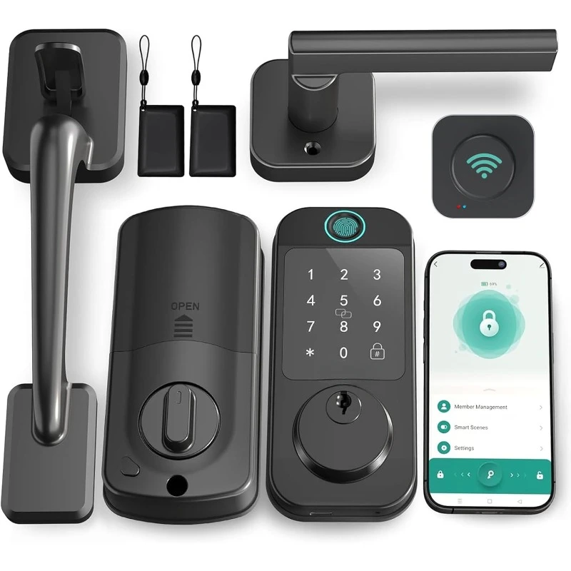 Entry Door Lock Deadbolt with Handle Set Fingerprint WiFi Smart Deadbolt, Digital Remote Control Keypad Bluetooth Alexa Lockset